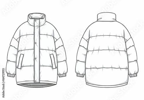 Oversized puffer jacket design, front and back views, technical drawing.