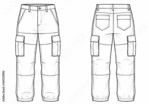 Front and back view illustration of cargo pants, showcasing pockets and details.