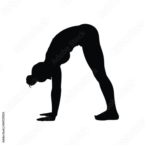 Silhouette of a person performing a yoga pose with bent knees and forward fold