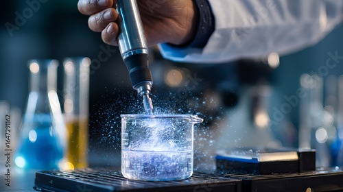 A close-up of a chemist's hand mixing colorful liquids in a laboratory setting.
