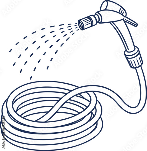 An illustration of a garden hose with a black connection and metal nozzle