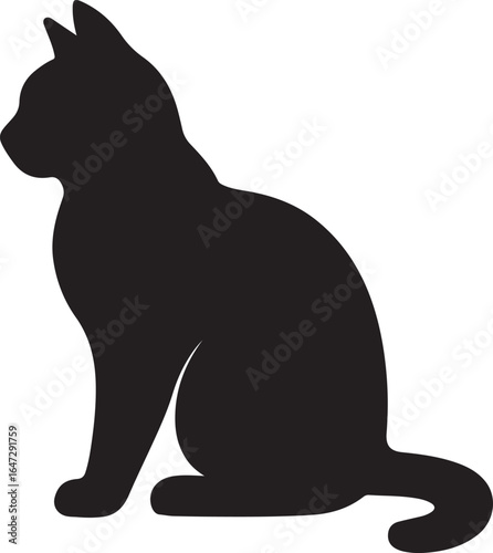 Silhouette of a domestic cat sitting and looking to the left against a white background