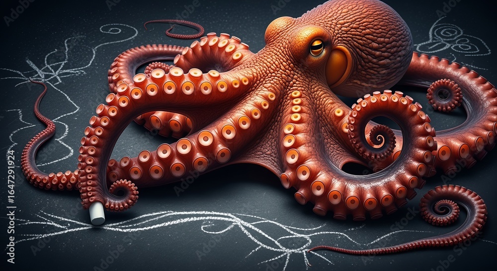 Obraz premium Orange Octopus Drawing White Lines on Dark Gray Surface with Chalk