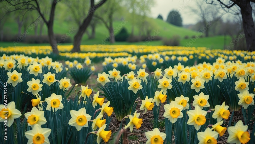 Obraz premium Field of yellow daffodils in bloom during springtime with trees and green hills in the background.