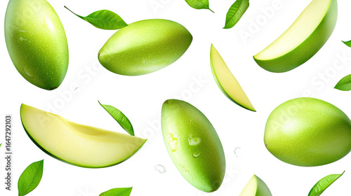 Wallpaper Mural Fresh green mangoes with juicy ripe slices arranged in composition isolated on white background
 Torontodigital.ca