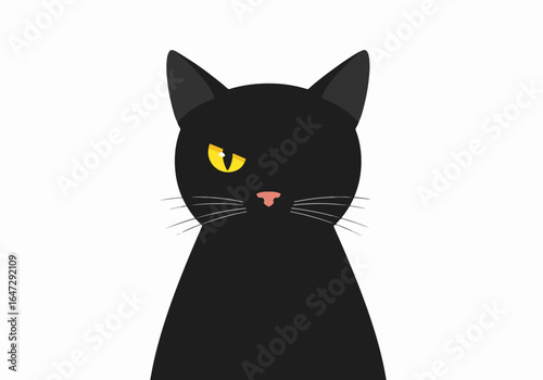 Angry black cat with one eye staring directly at viewer. Black cat features striking yellow eye, sharp ears, and short whiskers, conveying a fierce attitude.