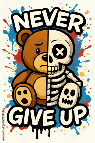 Split Bear Skeleton Graffiti Art with "Never Give Up" Message