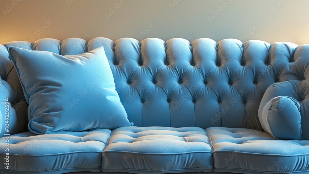 Fototapeta premium A plush blue sofa with tufted upholstery and matching cushions.