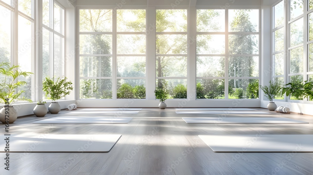 Fototapeta premium Bright Yoga Studio with Nature View for Mindful Wellness Practices