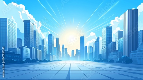 Sunrise cityscape, modern city, vibrant skyline