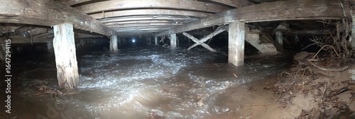 住宅下の浸水した床下空間、浅い泥水、低照度