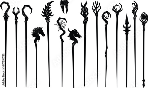 A collection of fantasy wizard and witch staffs, magic wands, and sorcerer scepters, isolated on white, with unique designs for games.