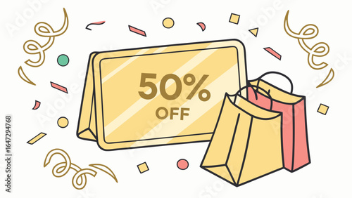 Festive Shopping Spree Fifty Percent Off Golden Sign with Shopping Bags and Confetti for Sales Promotion