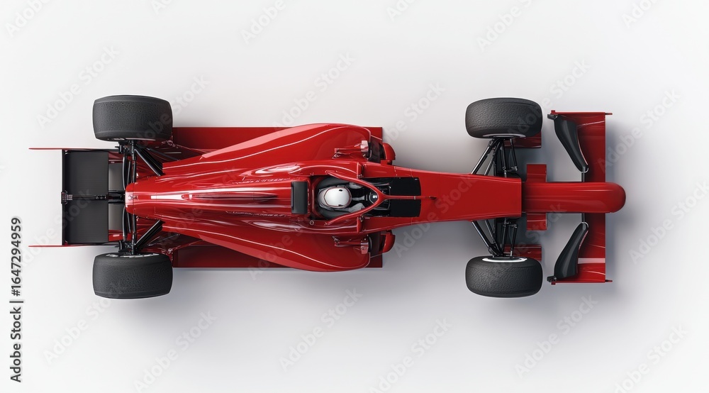 Naklejka premium Top view of glossy red Formula One race car model with visible driver in white helmet, against a light background. Formula one, sport, race car model