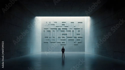 A confident businessman standing before a large intricate maze like entrance bathed in a blue hue that signifies clarity solutions and strategic decision making