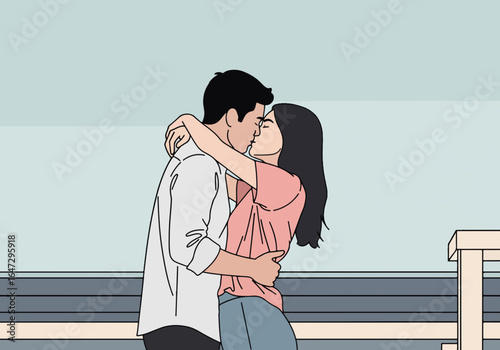 Minimalistic couple kissing on rooftop in urban setting. Couple embraces tenderly surrounded by serene atmosphere and soft colors. Concept of love and connection for romantic themes and illustrations.