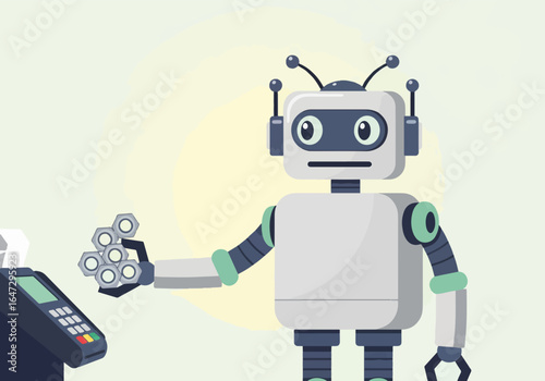 Minimalistic robot paying with metal nuts at self-service checkout. The robot holds metallic tools while interacting with payment terminal, featuring a technology theme.