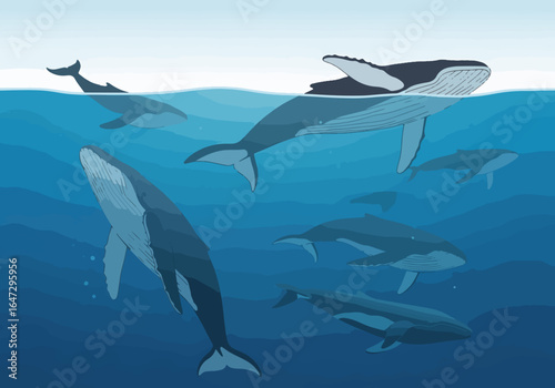 Flat ocean scene showing whales in minimalistic style, with an array of whales swimming together, embodying peace. Minimalistic whales flat ocean scene for children's book.