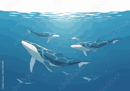 Minimalist flat whale illustration in ocean scene with clear blue water. Minimalist flat whale swimming peacefully in clear blue water with other whales, illustrating serene underwater life.