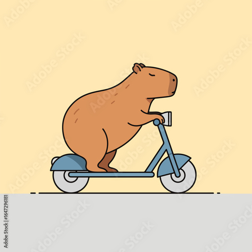 Capybara riding scooter depicted in a simple flat style for a minimalist aesthetic, capybara is on wheels, enjoying a ride with closed eyes. The scooter is perfect for smooth urban transport.
