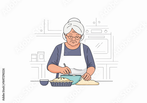 Grandmother baking pie, mixing batter with love, creating a delightful scene. Grandmother baking pie is a heartwarming moment of family and tradition, preparing a delicious dessert in her kitchen.