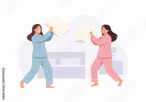Two women bedroom scene with a fun pillow fight at home. Two women engaging in a playful pillow fight, enjoying a minimalistic experience in a comfortable bedroom environment,