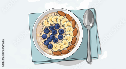 Oatmeal bowl with fresh blueberries, banana slices and almonds arranged in a flatlay with pastel colors. Nutritious oatmeal bowl is artistically designed, ingredients carefully placed on top.