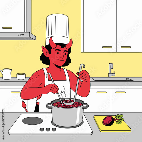 Red demon chef stirring borscht in kitchen scene illustration. Red demon chef prepares savory beet soup in pot on stovetop, mixing ingredients, wearing cook's hat and apron.