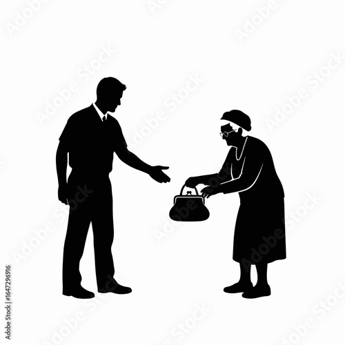 Scammer stealing from elderly woman in silhouette, person takes purse from senior citizen. Concept scammer stealing from elderly woman,