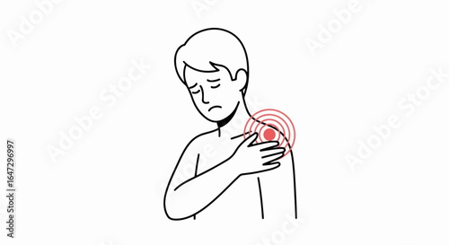 Shoulder pain depicted with red zone highlights on bare skin, conceptual illustration. Shoulder pain makes man miserable, indicating health problem, injury, and discomfort.