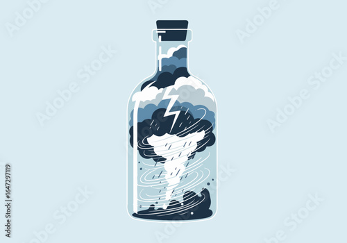 Storm in bottle, minimalist concept, with clouds and lightnings against pale blue background. Storm in bottle evokes feelings of confinement and emotional turbulence.