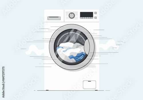 Washing machine spinning clothes creates minimalist scene of laundry appliance with rotating garments. Washing machine spinning clothes simplifies routine chores, cleaning fabrics.