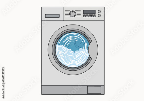 Washing machine spinning during a rapid cycle, displaying rotating water and clothes inside. Washing machine spinning cleans laundry effectively.