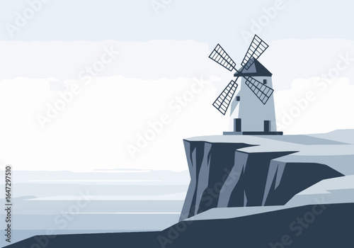 Windmill on cliffside overlooking seascape scenery. Windmill on cliffside architecture provides a picturesque view of ocean scenery, inviting contemplation and wonder.