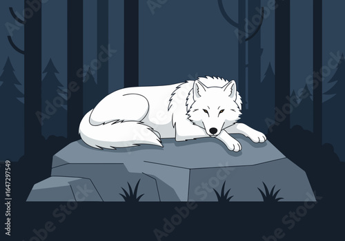 Wolf lying on rock, basking in moonlight streaming through dark forest at night. Wolf perched on a large stone amidst trees creates sense of wildlife tranquility in nature.