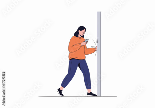 Woman bumps into pole while looking at phone, distracted by screen, caught unaware. Distracted woman collides with pole while glued to her phone, creating an everyday moment of modern inattention.