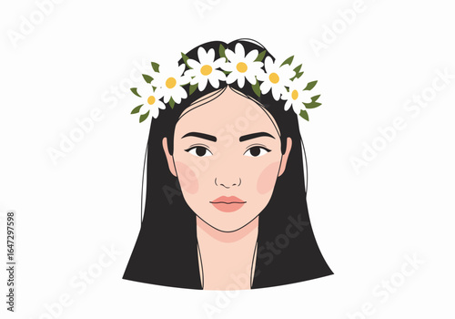Woman with dark hair wearing white flower wreath for a natural and elegant portrait. Woman wearing white flower wreath, her dark hair contrasts beautifully, symbolizing purity and springtime.