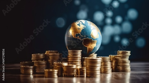 christmas concept. Globe and stack with coins. Money makes the world go round, Generative AI