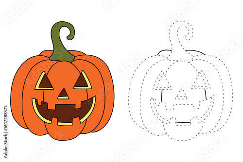 Cartoon halloween pumpkin Jack o lantern trace and coloring pages for kids.
