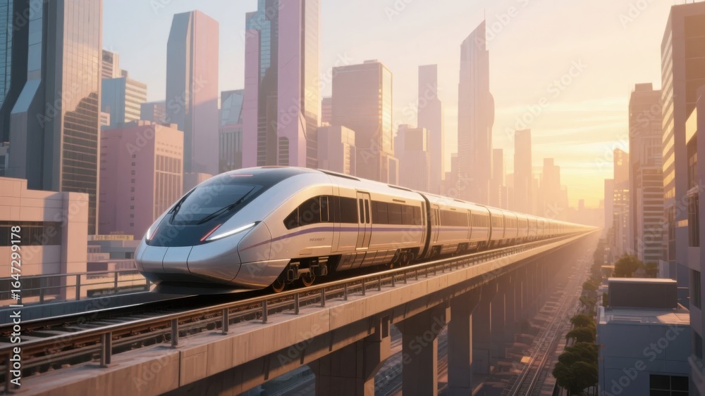 Fototapeta premium Futuristic high-speed train traveling through a modern cityscape at sunset