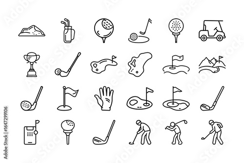 Golf Elements Collection Icon Set. Golf course, golf ball, golf club, tee, flag, trophy, sand, golf cart, player, hole, putter, swing, golf gloves, and more. Editable stroke. Vector illustrations.