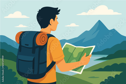 Traveler looking at horizon with open map Illustration