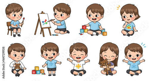 A collection of happy cartoon children engaged in various childhood activities like painting, playing with blocks, and hugging toys.