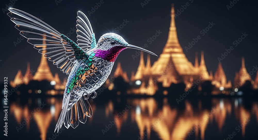 Obraz premium Crystal hummingbird near golden pagodas at night glass iridescent