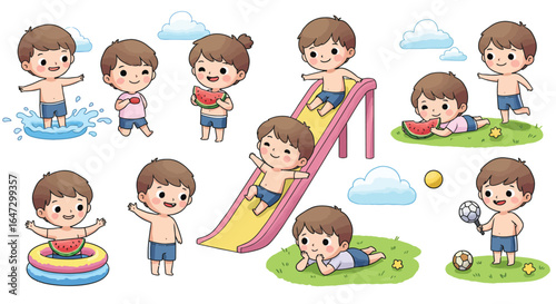 Various illustrations of a cheerful young boy enjoying diverse summer activities, including splashing in water, sliding, eating watermelon, and playing outdoors.