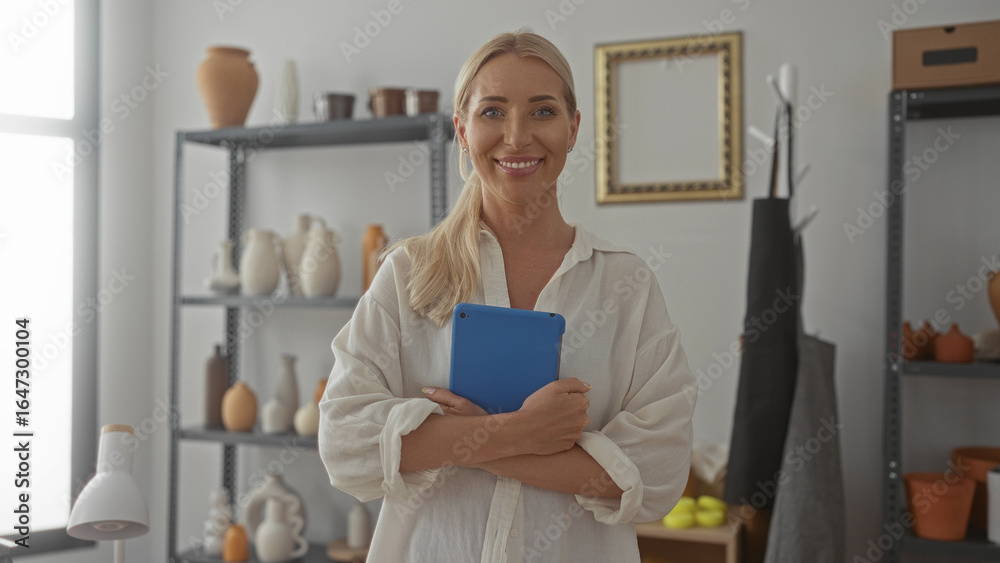 Woman with blonde hair tied back holding tablet smiles softly in studio surrounded by ceramic pots and shelving; contentment. Woman with blonde hair tied back holding tablet smiles softly in studio surrounded by ceramic pots and shelving; contentment.