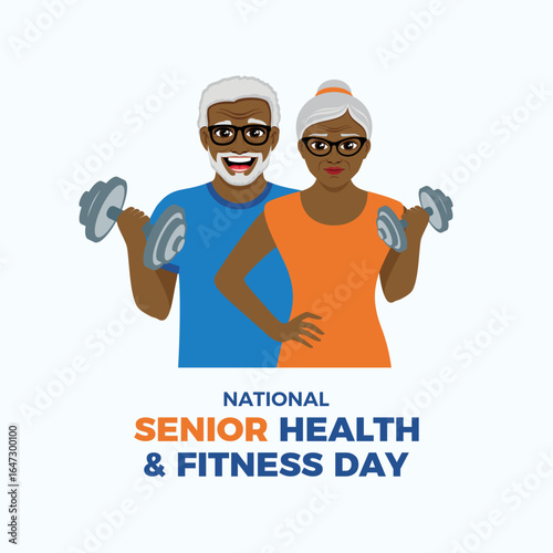 National Senior Health & Fitness Day poster vector illustration. Happy african american senior couple with dumbbells cartoon. Active old black man and woman vector. Template for background, banner
