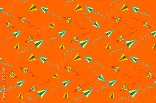A smooth pattern featuring colorful paper airplanes flew into varying directions with speckled and wavy lines. Perfect for wrapping paper, printing textiles, and creative design project.