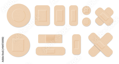 Medical plasters. Bandages set. Adhesive bandage for first aid for wounds operations and skin injuries. Protecting open wound from infection. Vector