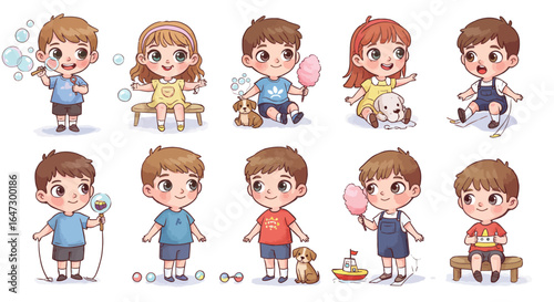 A delightful collection of diverse cartoon children, both boys and girls, engaged in various playful activities and poses, including interacting with pets and toys.